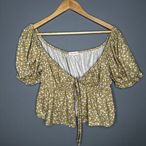 Pie In‎ The Sky Womens Crop Top Wraparound Front Tie Green Floral Size Large L